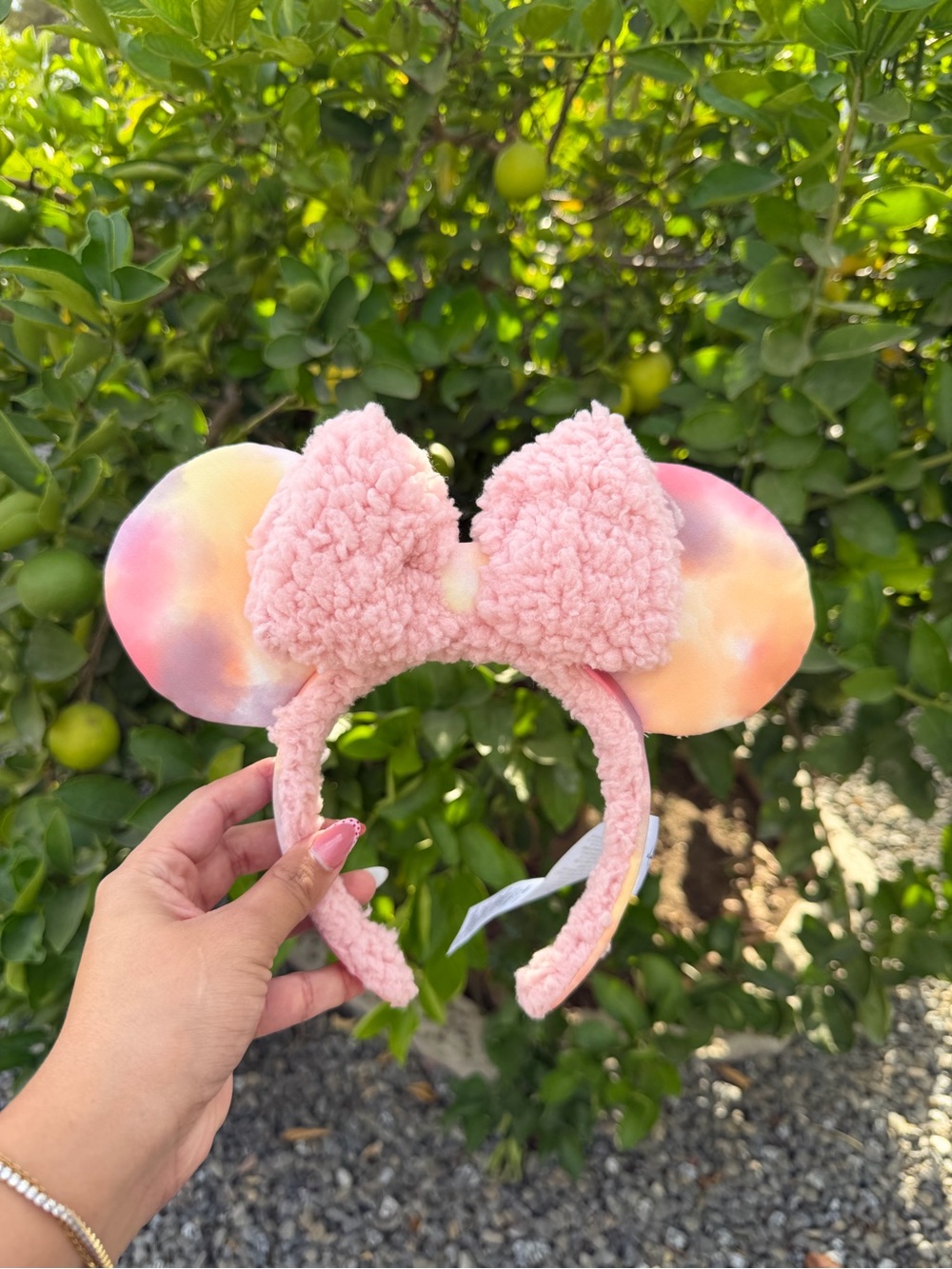Pink Sherpa Minnie Ear Headband with Pastel Tie-Dye Ears